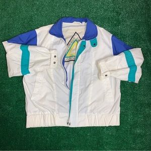 Vintage 80s London Fog Zip Up Jacket White Blue Teal Mens Adult Medium.